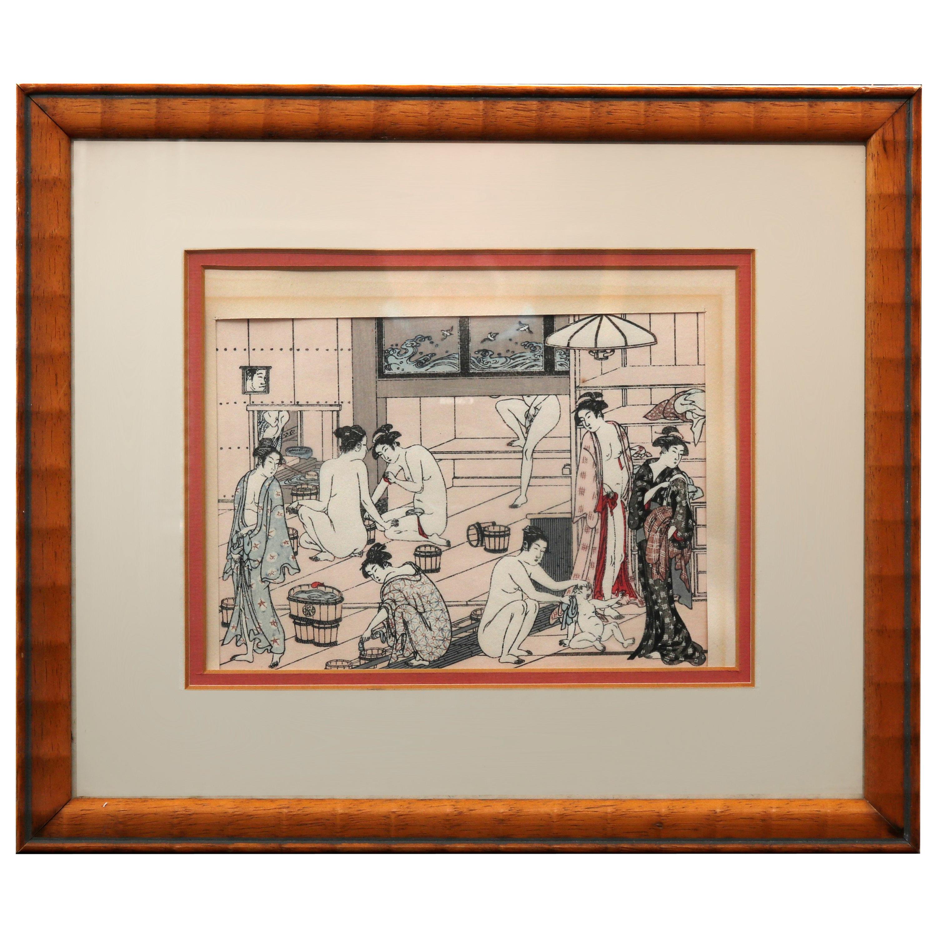 Vintage Japanese Woodblock Print of Bath House with Figures, 20th Century