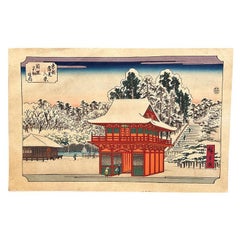 Vintage Japanese Woodblocking Print on Paper of Snowy Landscape