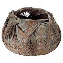Vintage Japanese Woven Bamboo Ikebana Basket with Grey Tint