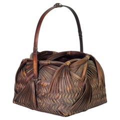 Vintage Japanese Woven Bamboo Ikebana Basket with Handle