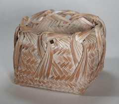 Vintage Japanese Woven Bamboo Ikebana Basket with White Tint