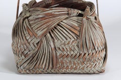 Vintage Japanese Woven Tinted Bamboo Ikebana Basket with Handle