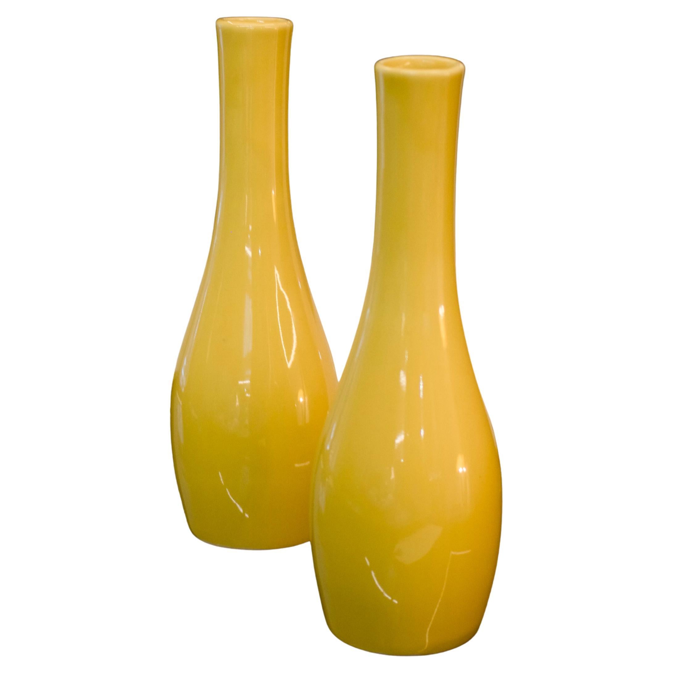 Vintage Japanese Yellow Vases, Pair, Sculptural Design, 20th Century