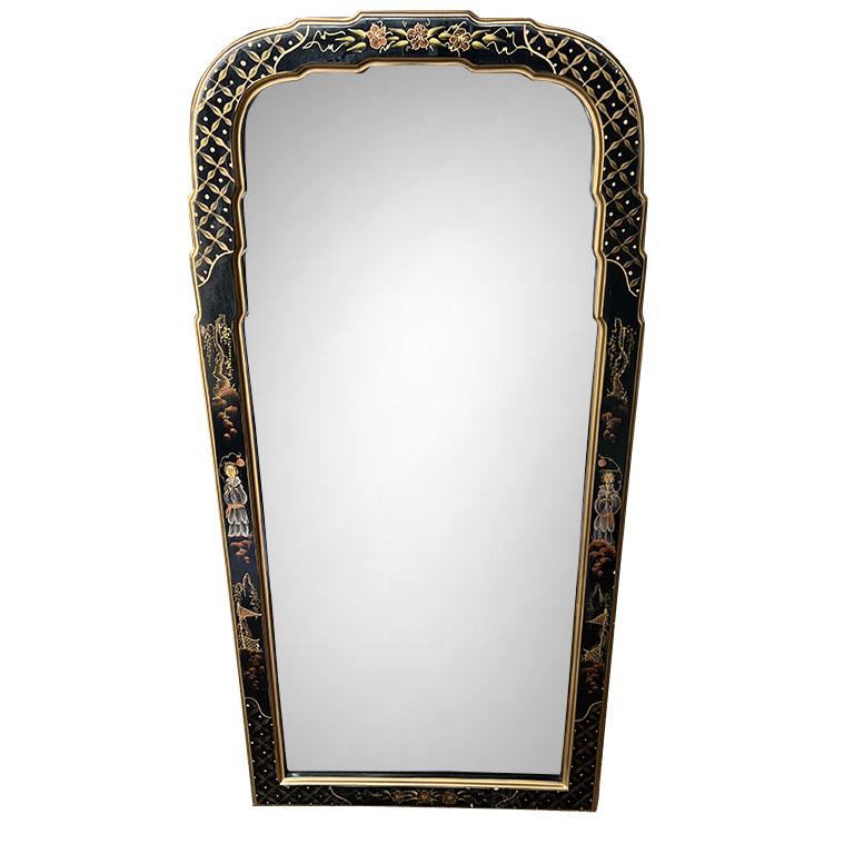 Vintage Japanned Lacquered Hand Painted Chinoiserie Queen Anne Wall Mirror 5