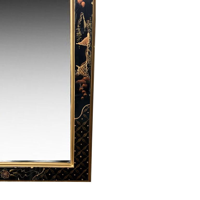 Vintage Japanned Lacquered Hand Painted Chinoiserie Queen Anne Wall Mirror In Good Condition In Oklahoma City, OK