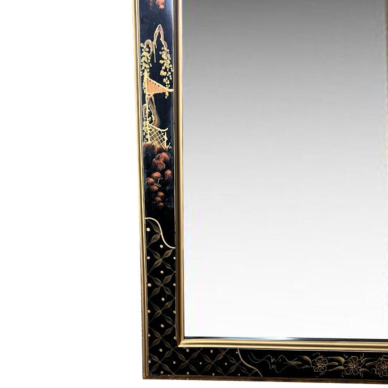 Vintage Japanned Lacquered Hand Painted Chinoiserie Queen Anne Wall Mirror 1