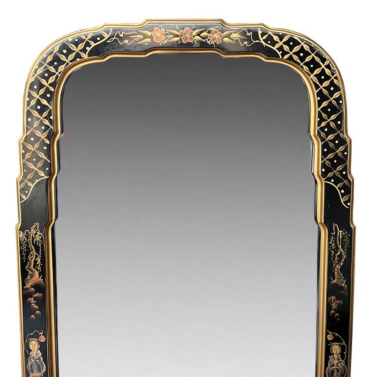 Vintage Japanned Lacquered Hand Painted Chinoiserie Queen Anne Wall Mirror 3