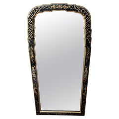 Vintage Japanned Lacquered Hand Painted Chinoiserie Queen Anne Wall Mirror