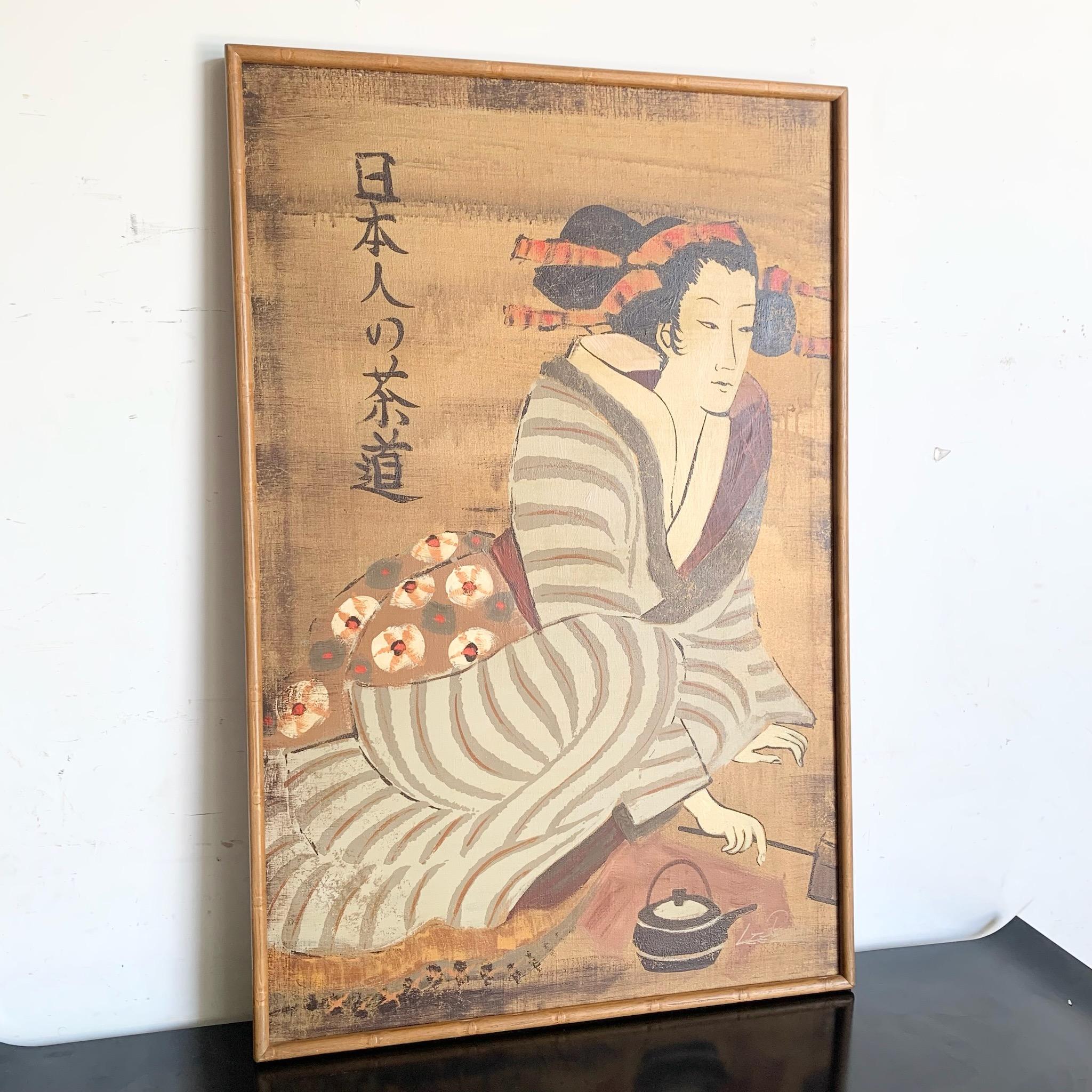 Dieses signierte und gerahmte Vintage-Gemälde Japonisme von Lee Reynolds stellt eine einzigartige Mischung aus östlicher und westlicher Kunst dar. Dieses bezaubernde Werk spiegelt den Einfluss des Japonisme mit seinen ruhigen, von der japanischen