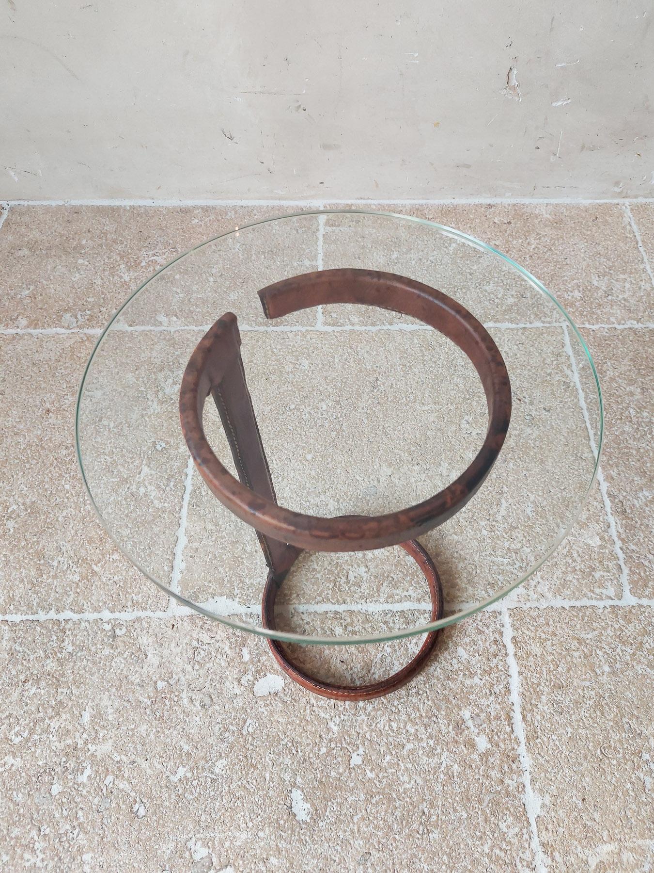 Vintage Jaques Adnet Round Side Table in Leather and Glass In Good Condition In Baambrugge, NL