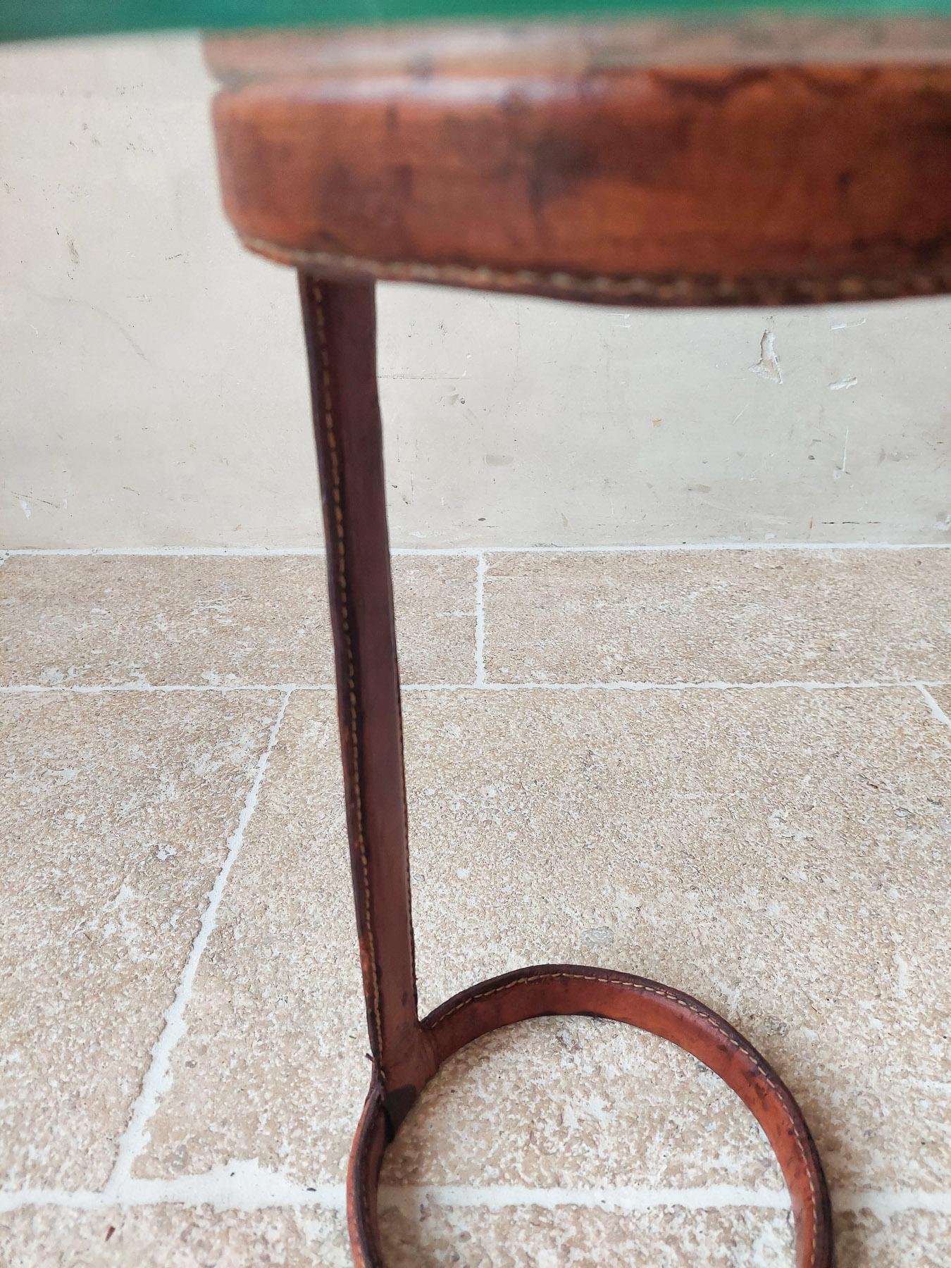 Vintage Jaques Adnet Round Side Table in Leather and Glass 1