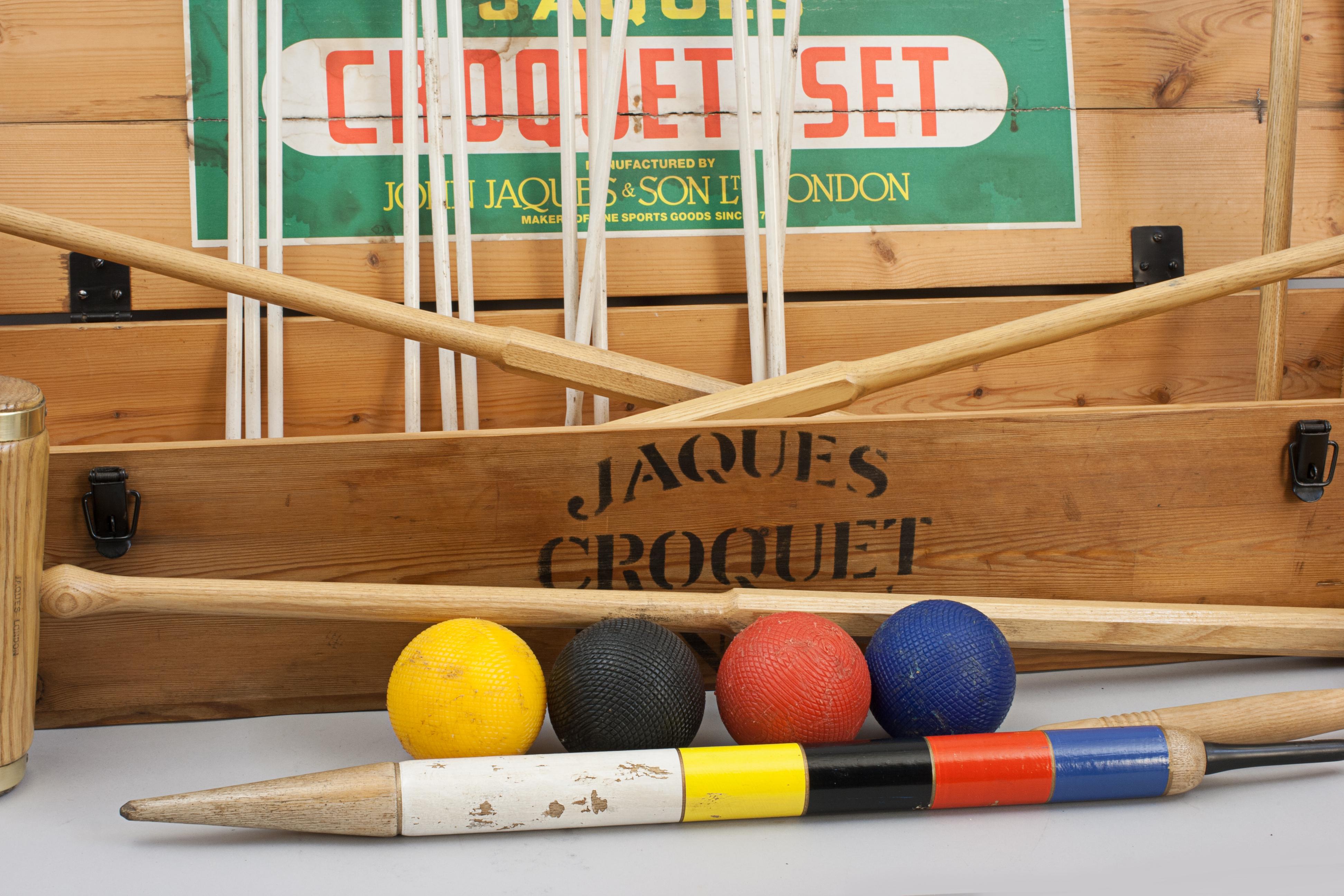 English Vintage Jaques Brass Bound Oxford Croquet Set in Pine Box For Sale