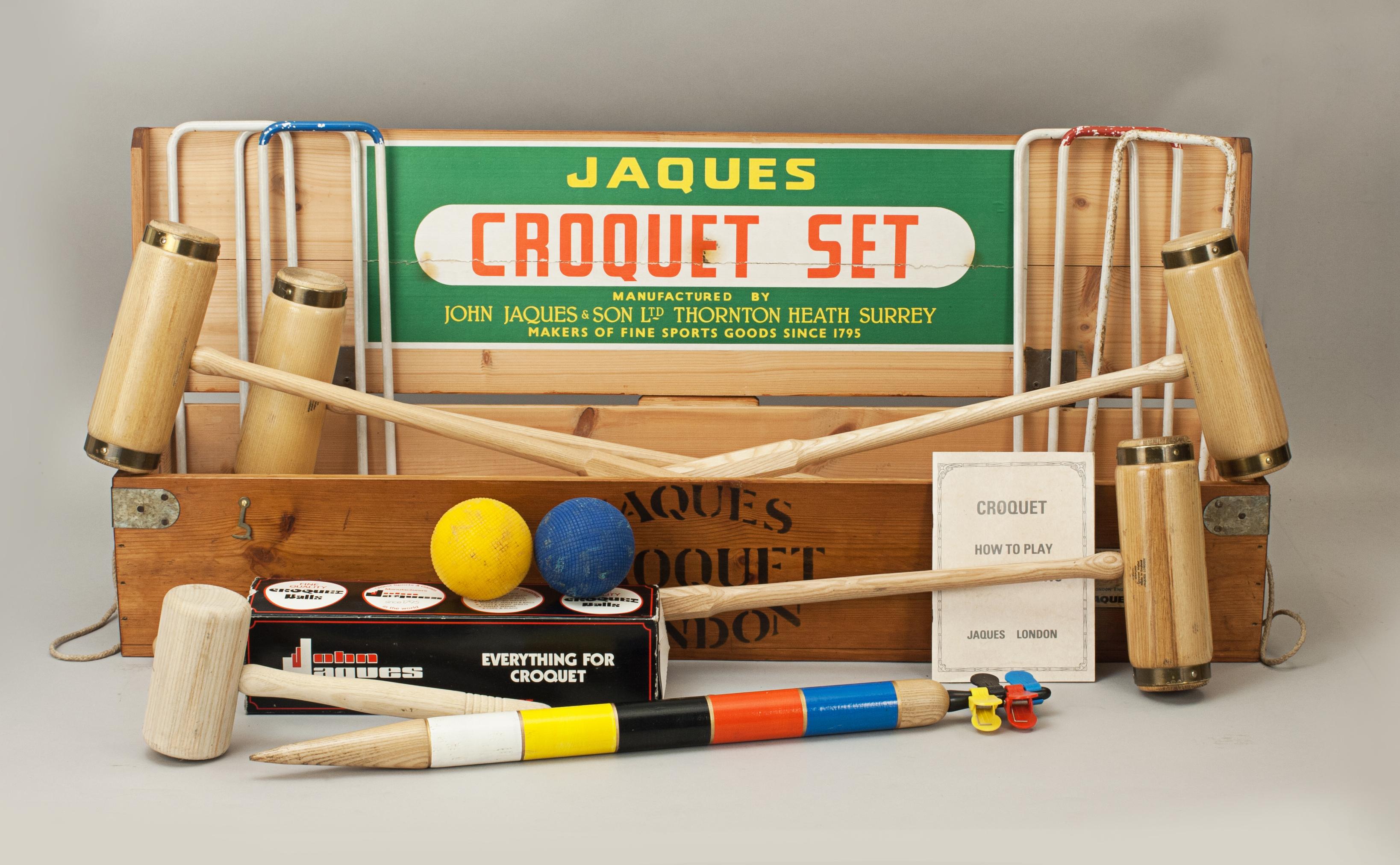 Vintage Jaques Croquet Set, Brass Bound in Pine Box 6