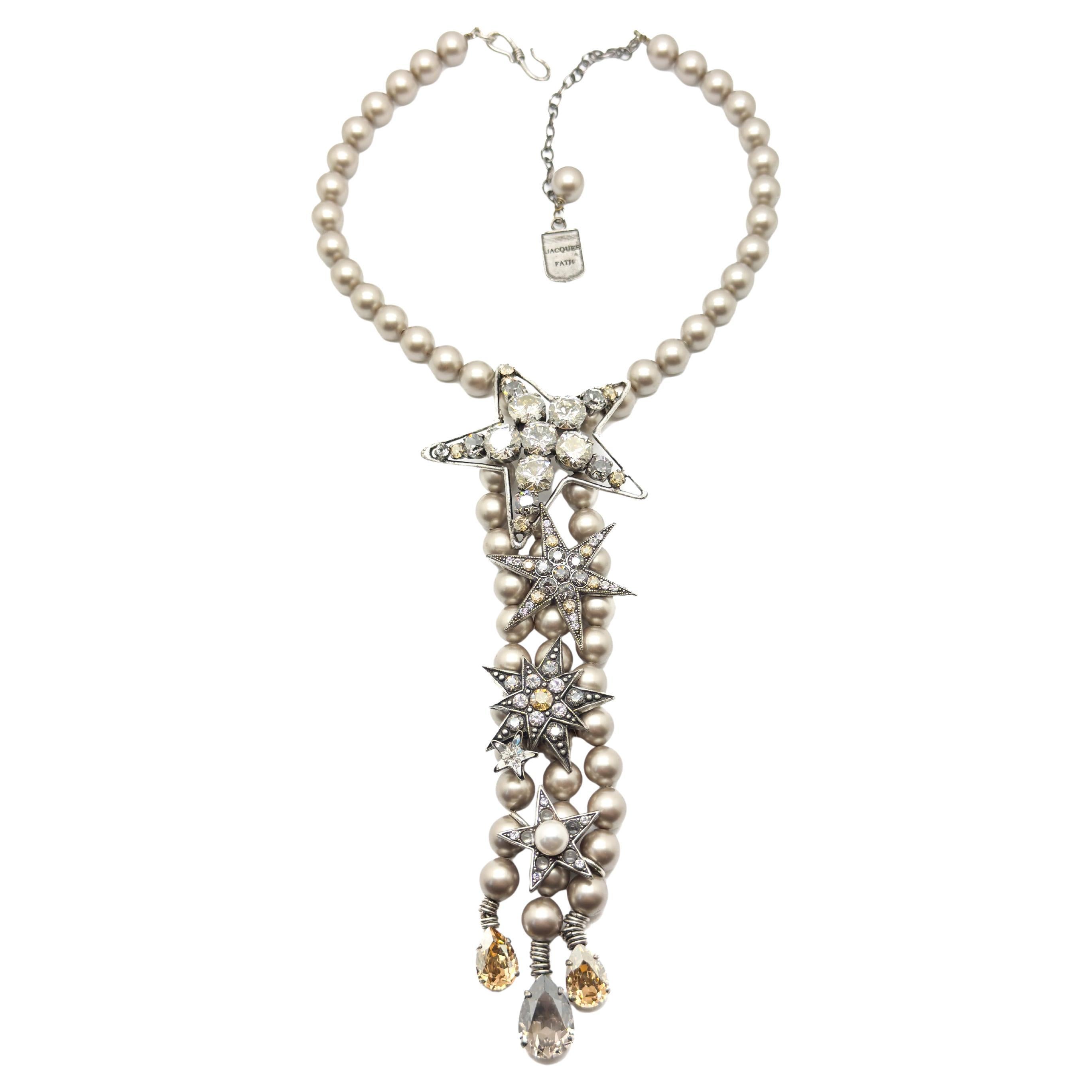 Vintage Jacques Fath Star Lariat Necklace in Gunmetal & Glass Pearls
