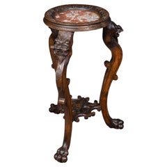 Vintage Jardiniere Stand, Oriental, Beech, Marble, Wine, Lamp Table, Art Deco