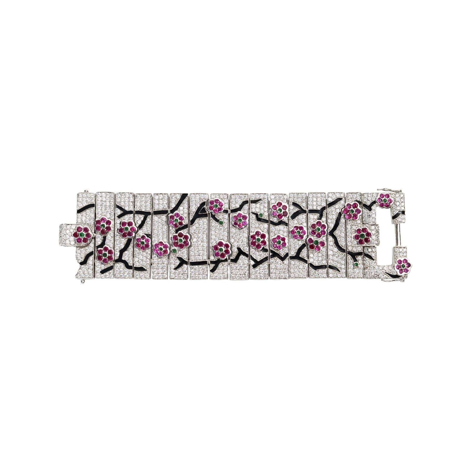 Vintage Jarin Art Deco Diamante Flower Armband Circa 2000s. So atemberaubend. Sieht aus wie ein japanischer Garten.  Es gibt Stäbe aus Pflaster, die mit schwarzer Emaille überzogen sind, und darauf befinden sich rosa Diamantenblumen. Es ist ein