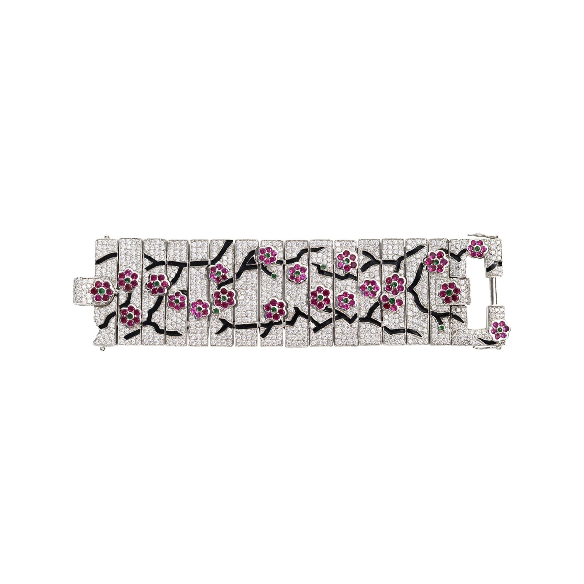 Vintage JARIN Art Deco Diamante Flower Bracelet Circa 2000s. C'est magnifique. On dirait un jardin japonais.  Il y a des barres de pavé recouvertes d'émail noir, puis des fleurs de diamant rose. Il s'agit d'un bracelet large à l'aspect magnifique.