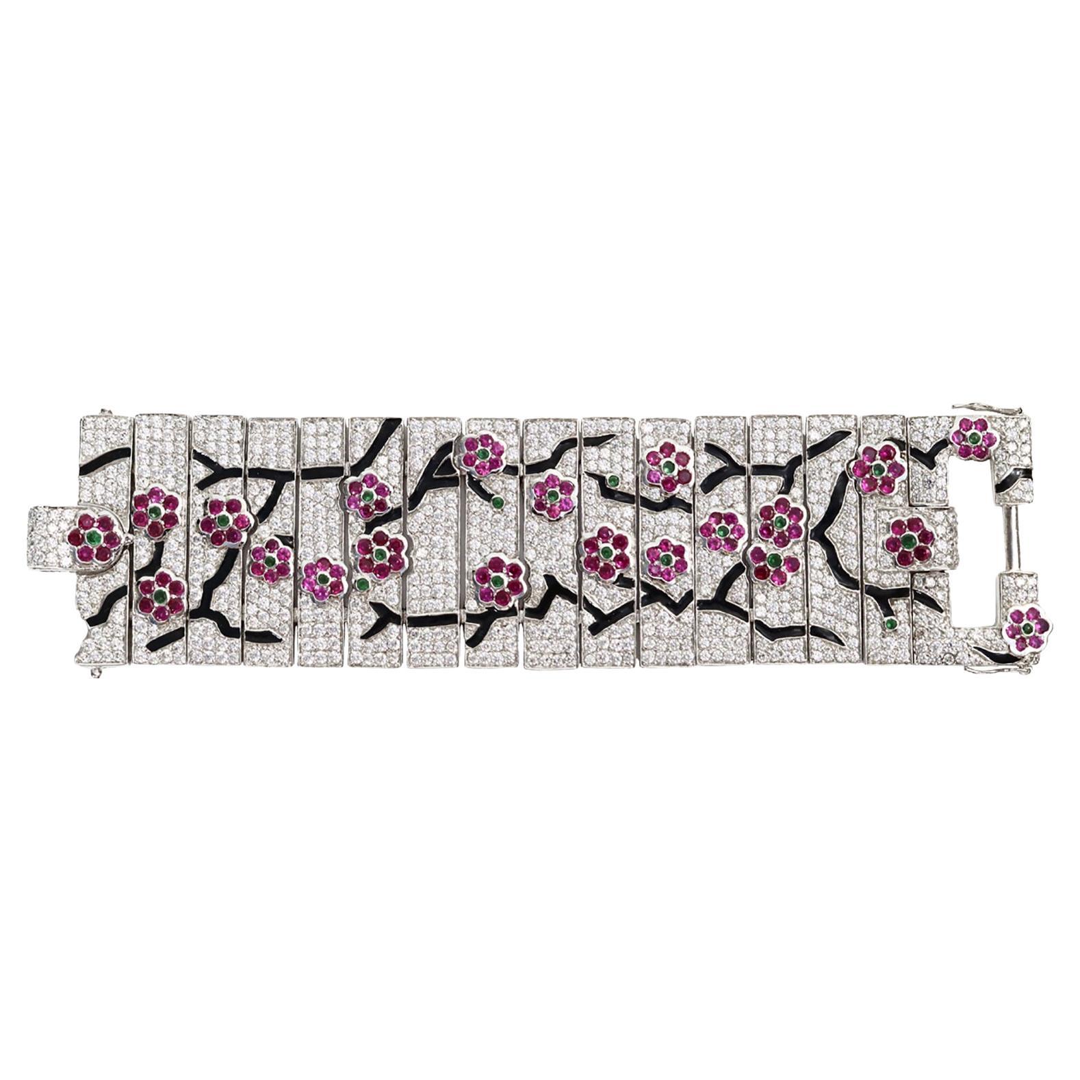 Bracelet vintage Art déco à fleurs en diamants, c. 2000 en vente