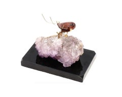 Vintage Jasper Bird With Gold Mounts On Amethyst Base
