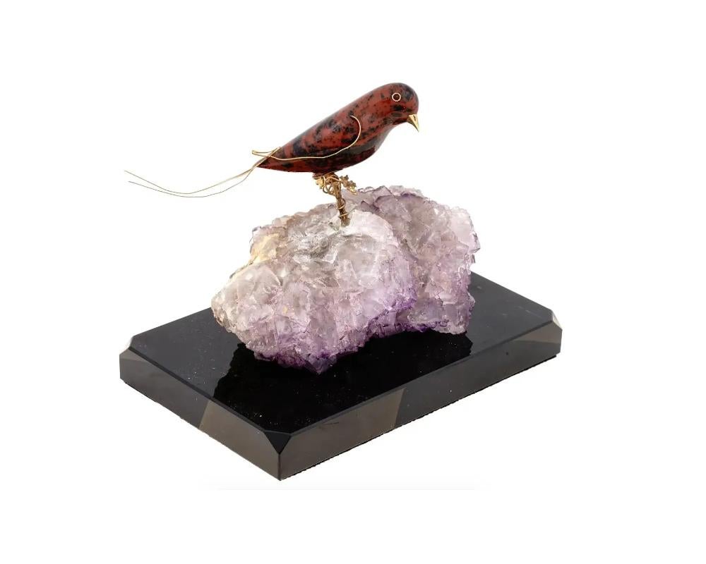 Unknown Vintage Jasper Bird With Gold Mounts On Amethyst Base For Sale