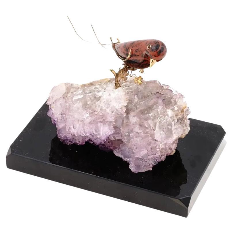 Vintage Jasper Bird With Gold Mounts On Amethyst Base