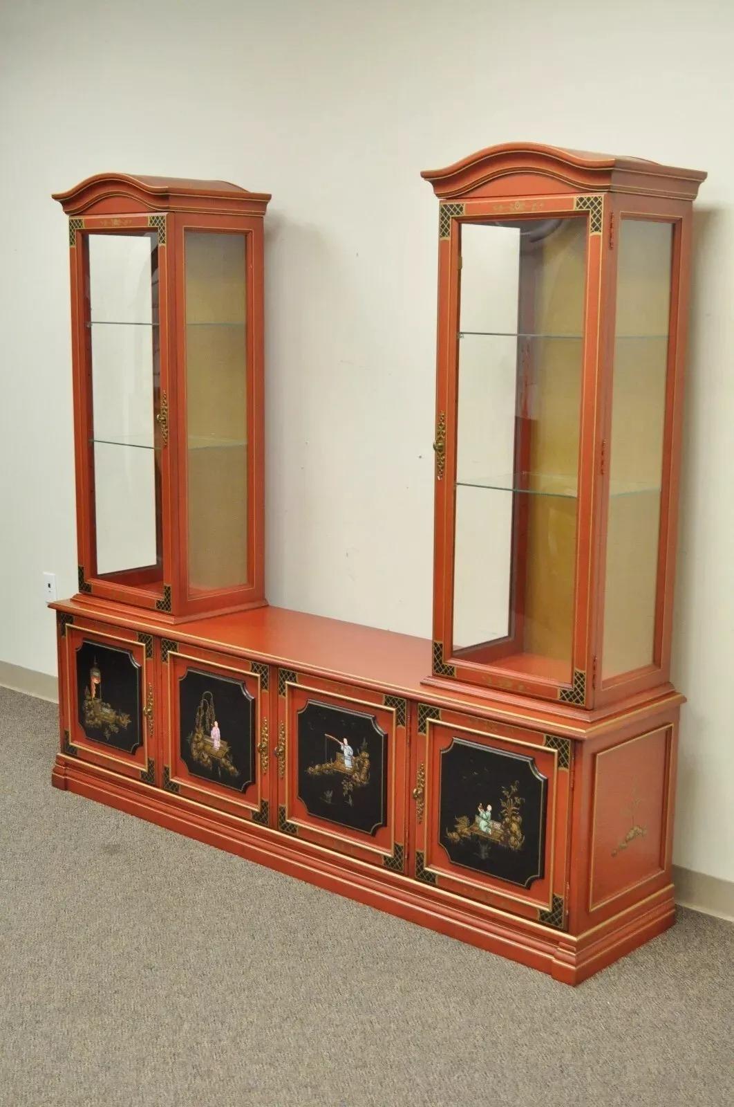 Vintage Jasper Oriental Chinoiserie Red Display China Cabinet Curio Credenza For Sale 5