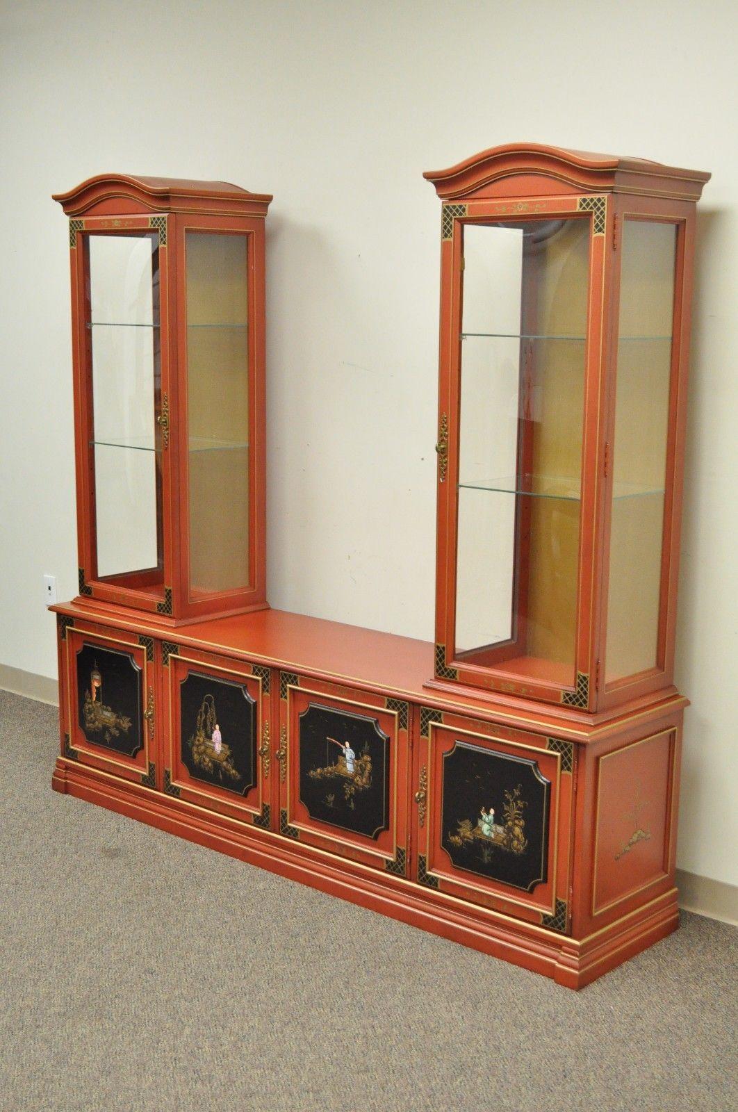 Vintage Jasper Oriental Chinoiserie Red Display China Cabinet Curio Credenza For Sale 3