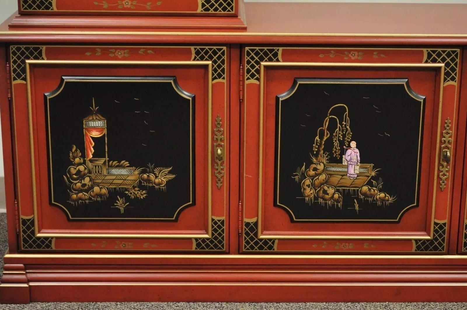 Unknown Vintage Jasper Oriental Chinoiserie Red Display China Cabinet Curio Credenza For Sale