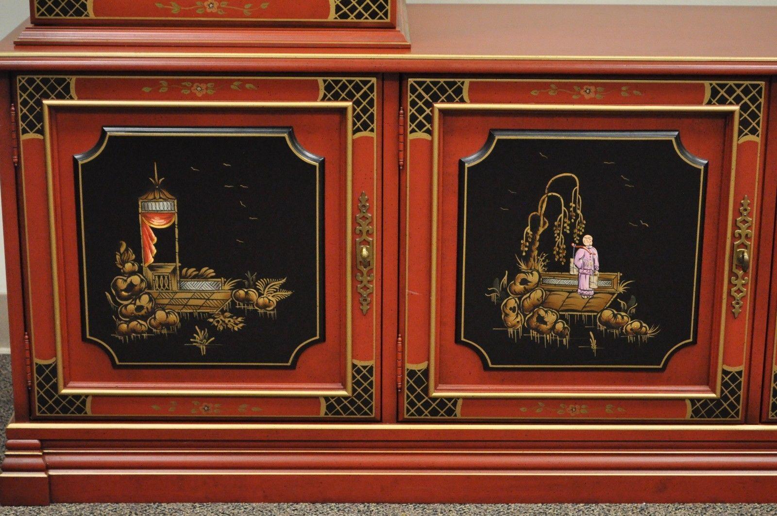 Crédence vitrine chinoiseries orientale en jaspe rouge vintage pour vitrines et crédence Bon état - En vente à Philadelphia, PA