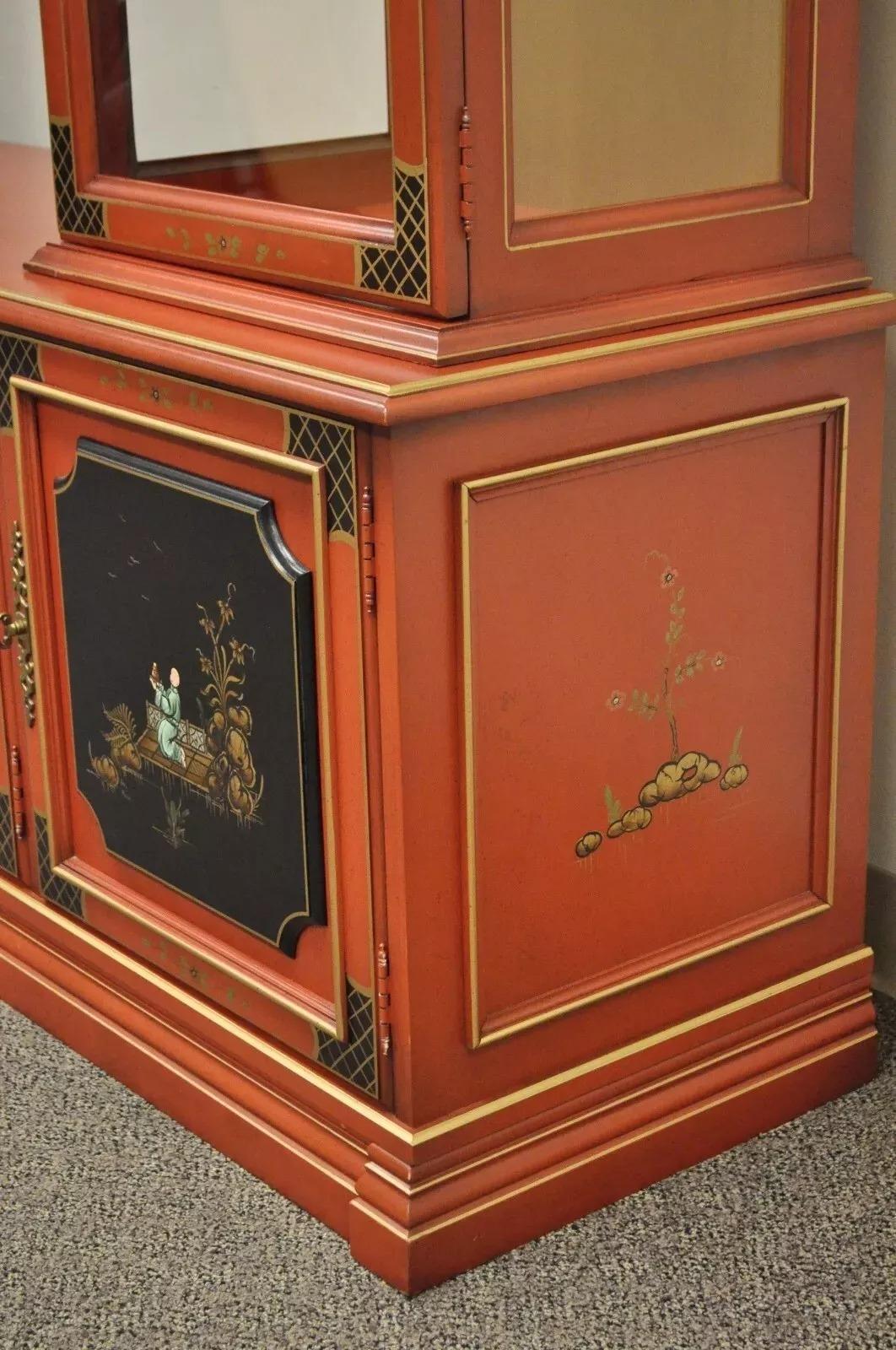 Glass Vintage Jasper Oriental Chinoiserie Red Display China Cabinet Curio Credenza For Sale