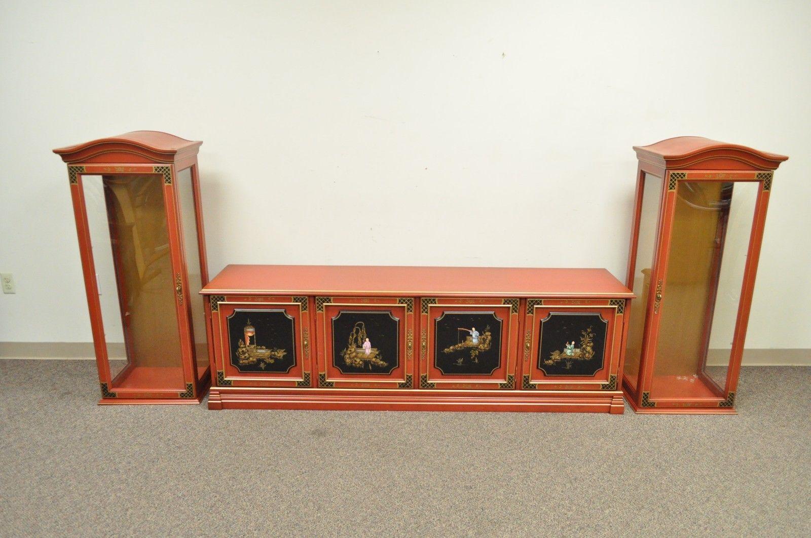 20th Century Vintage Jasper Oriental Chinoiserie Red Display China Cabinet Curio Credenza For Sale