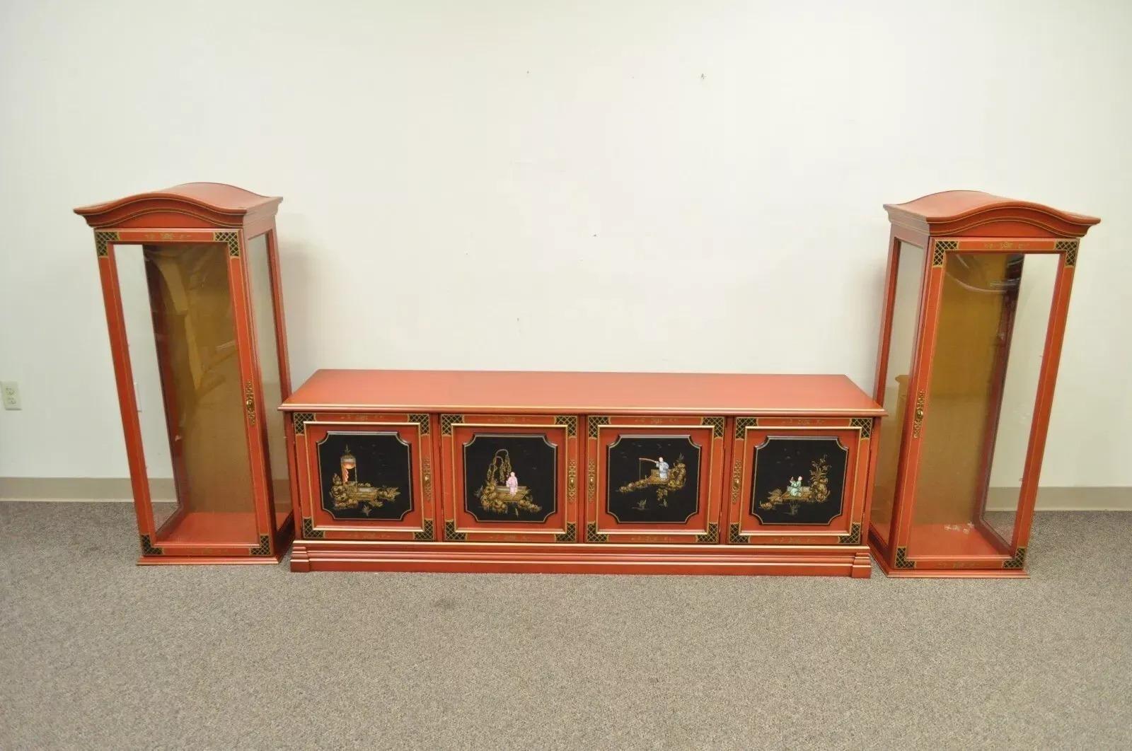 Vintage Jasper Oriental Chinoiserie Red Display China Cabinet Curio Credenza For Sale 2