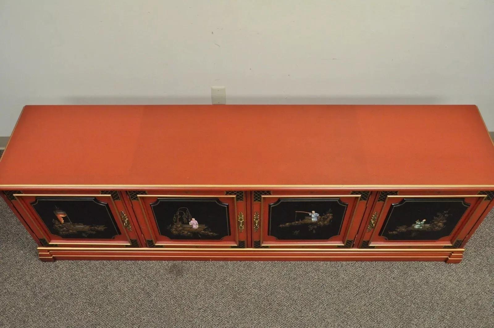 Vintage Jasper Oriental Chinoiserie Red Display China Cabinet Curio Credenza For Sale 3