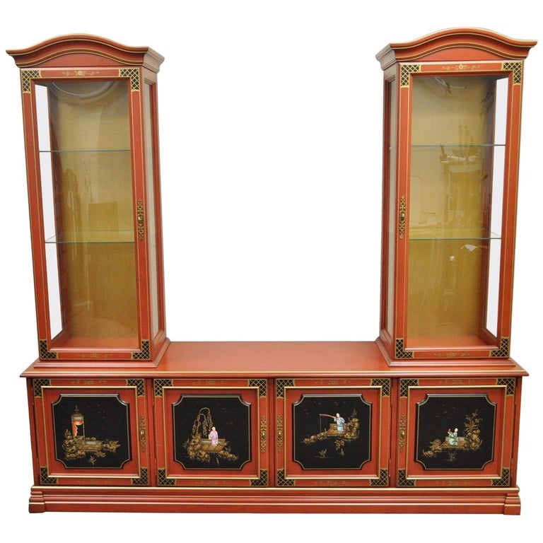 Vintage Jasper Oriental Chinoiserie Red Display China Cabinet
