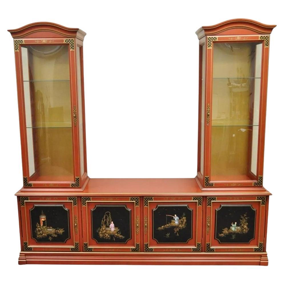 Vintage Jasper Oriental Chinoiserie Red Display China Cabinet Curio Credenza