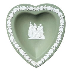 Vintage Jasperware Wedgwood Green Heart Trinket Dish with Religious Scene