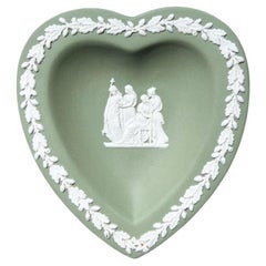 Vintage Jasperware Wedgwood Green Heart Trinket Dish with Religious Scene
