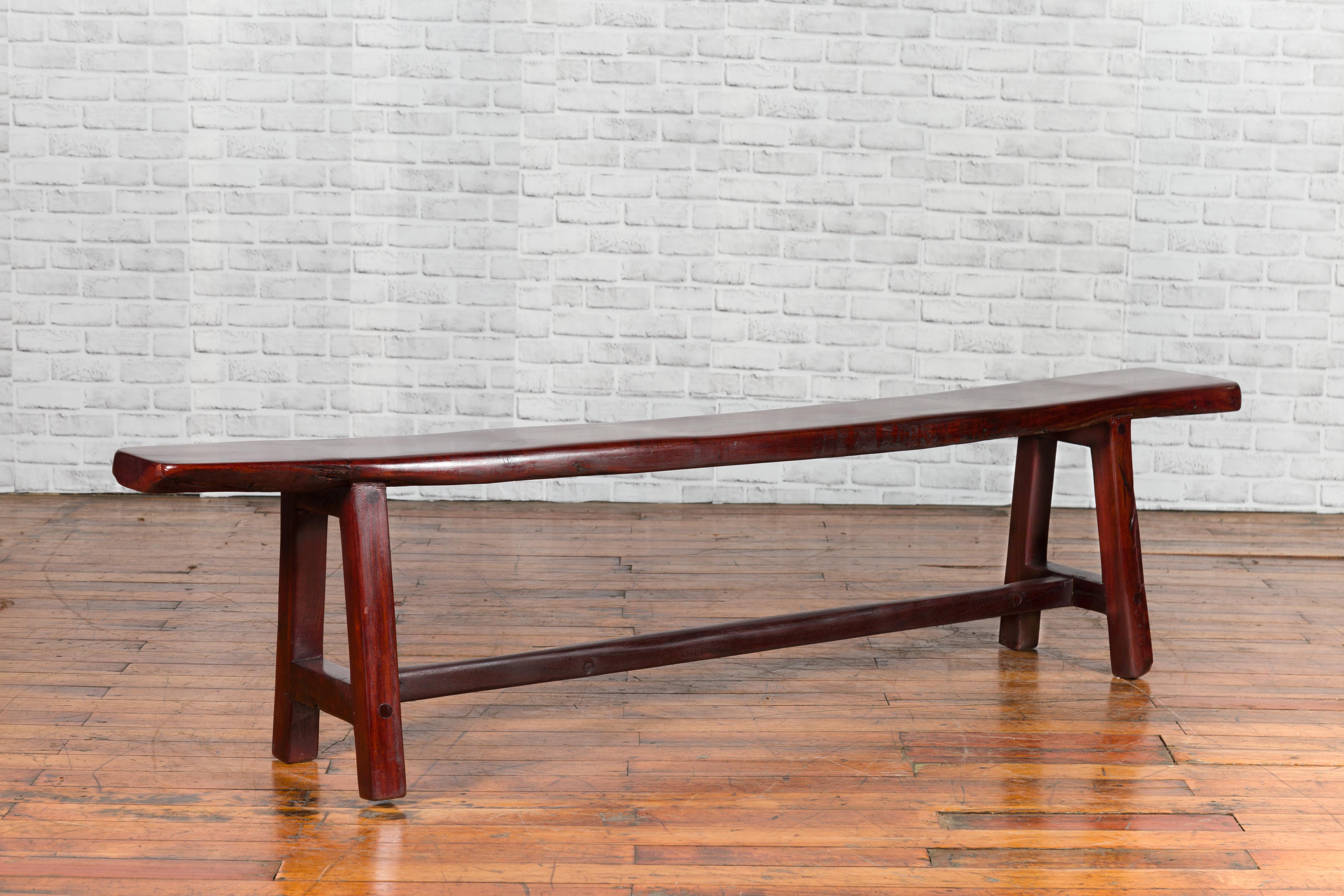 Wood Vintage Javanese A-Frame Rustic Bench with Dark Patina and Cross Stretcher