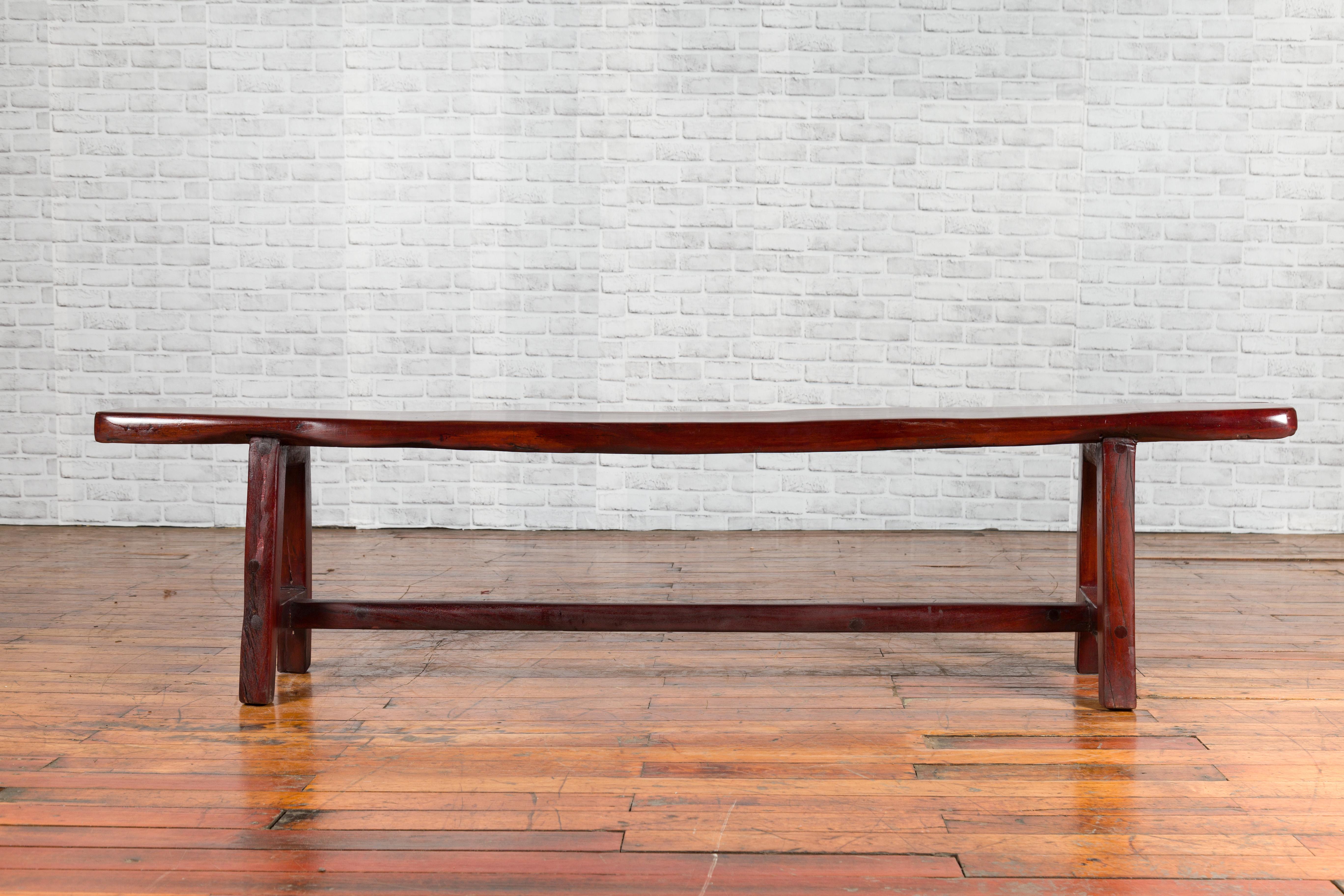 Vintage Javanese A-Frame Rustic Bench with Dark Patina and Cross Stretcher 3