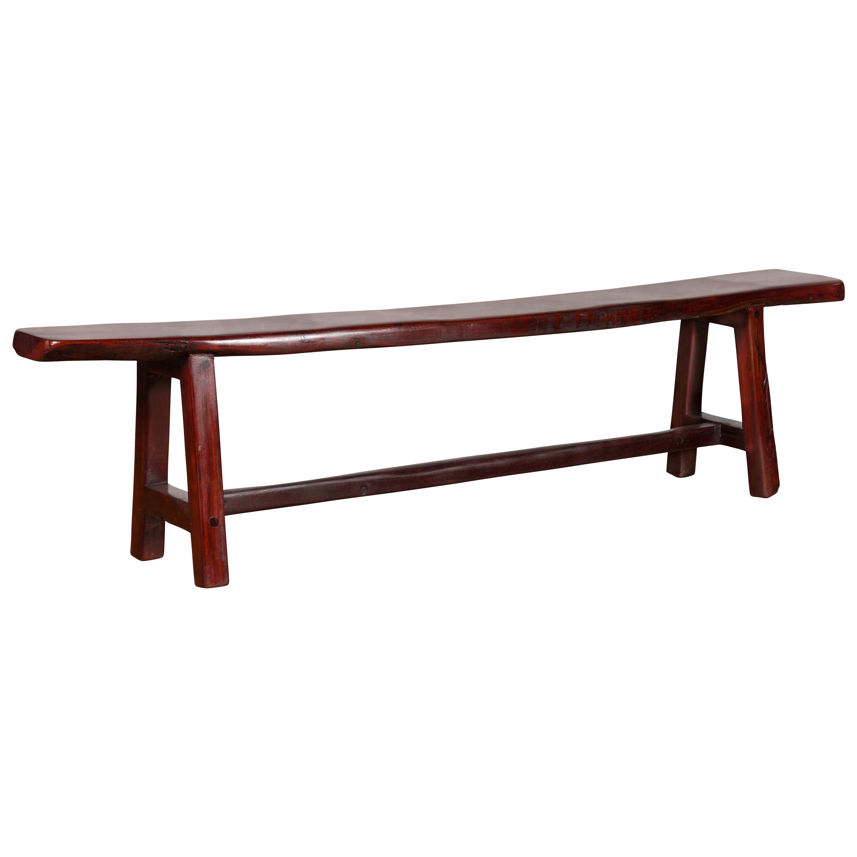 Vintage Javanese A-Frame Rustic Bench with Dark Patina and Cross Stretcher