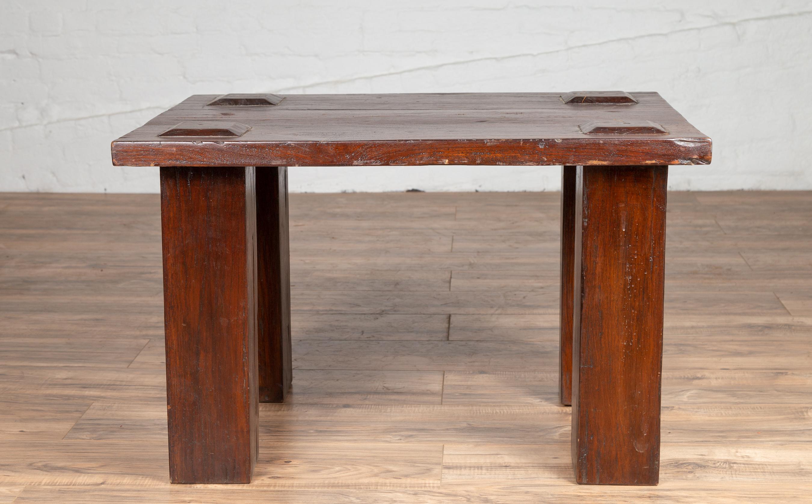 Vintage Javanese Midcentury Wooden Bench with Raised Motifs and Straight Legs For Sale 6