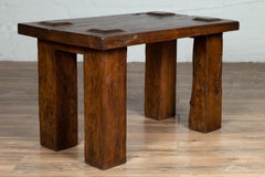 Vintage Javanese Midcentury Wooden Bench with Raised Motifs and Straight Legs