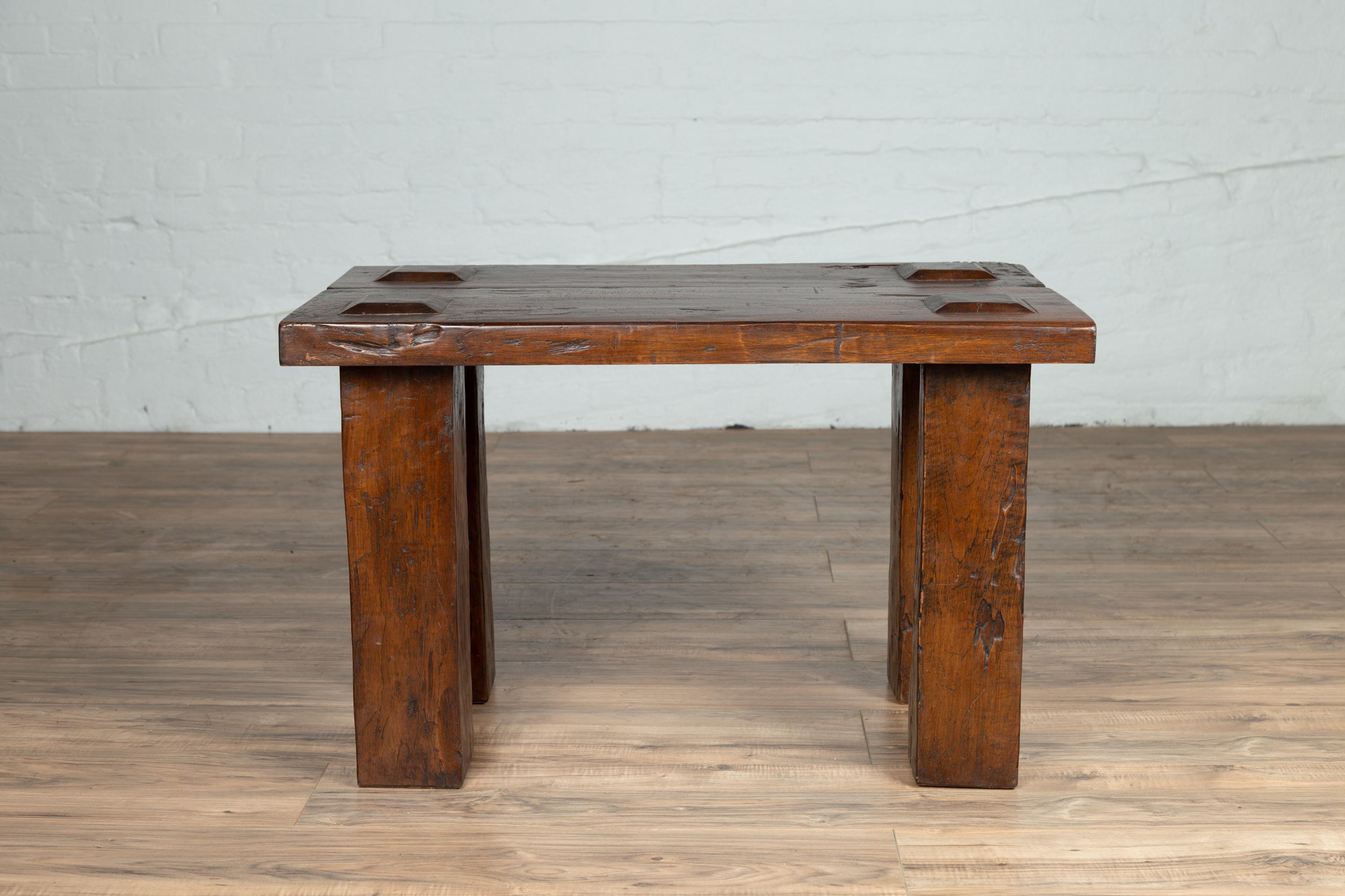 Rustic Vintage Javanese Midcentury Wooden Bench with Raised Motifs and Straight Legs