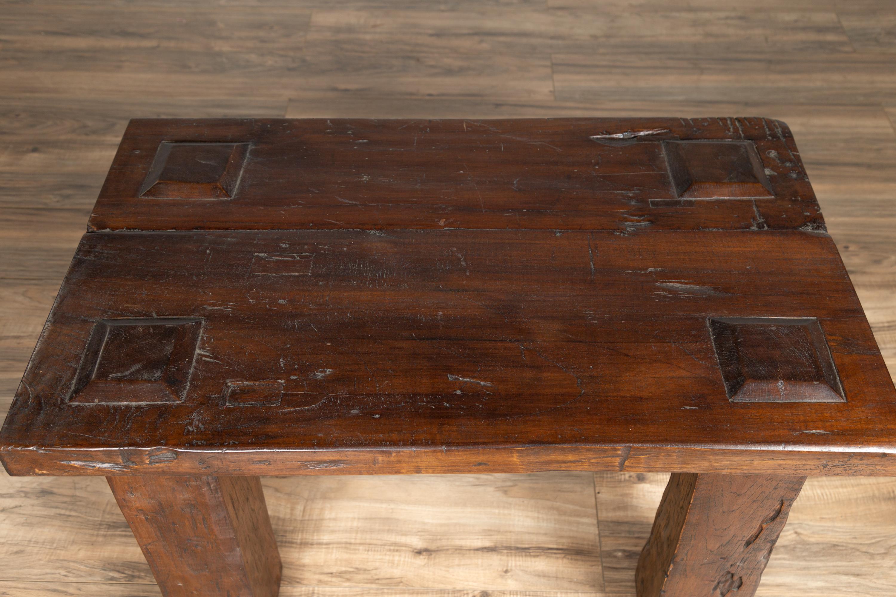 20th Century Vintage Javanese Midcentury Wooden Bench with Raised Motifs and Straight Legs