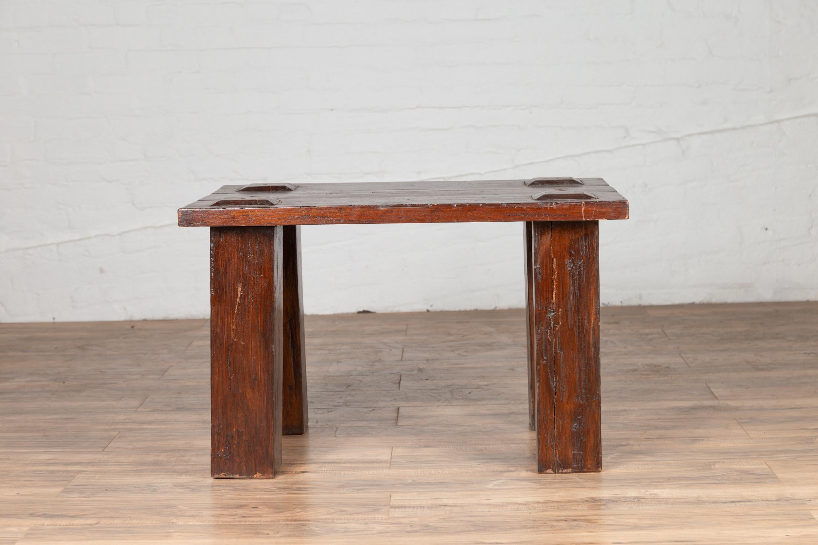 Vintage Javanese Midcentury Wooden Bench with Raised Motifs and Straight Legs For Sale 1