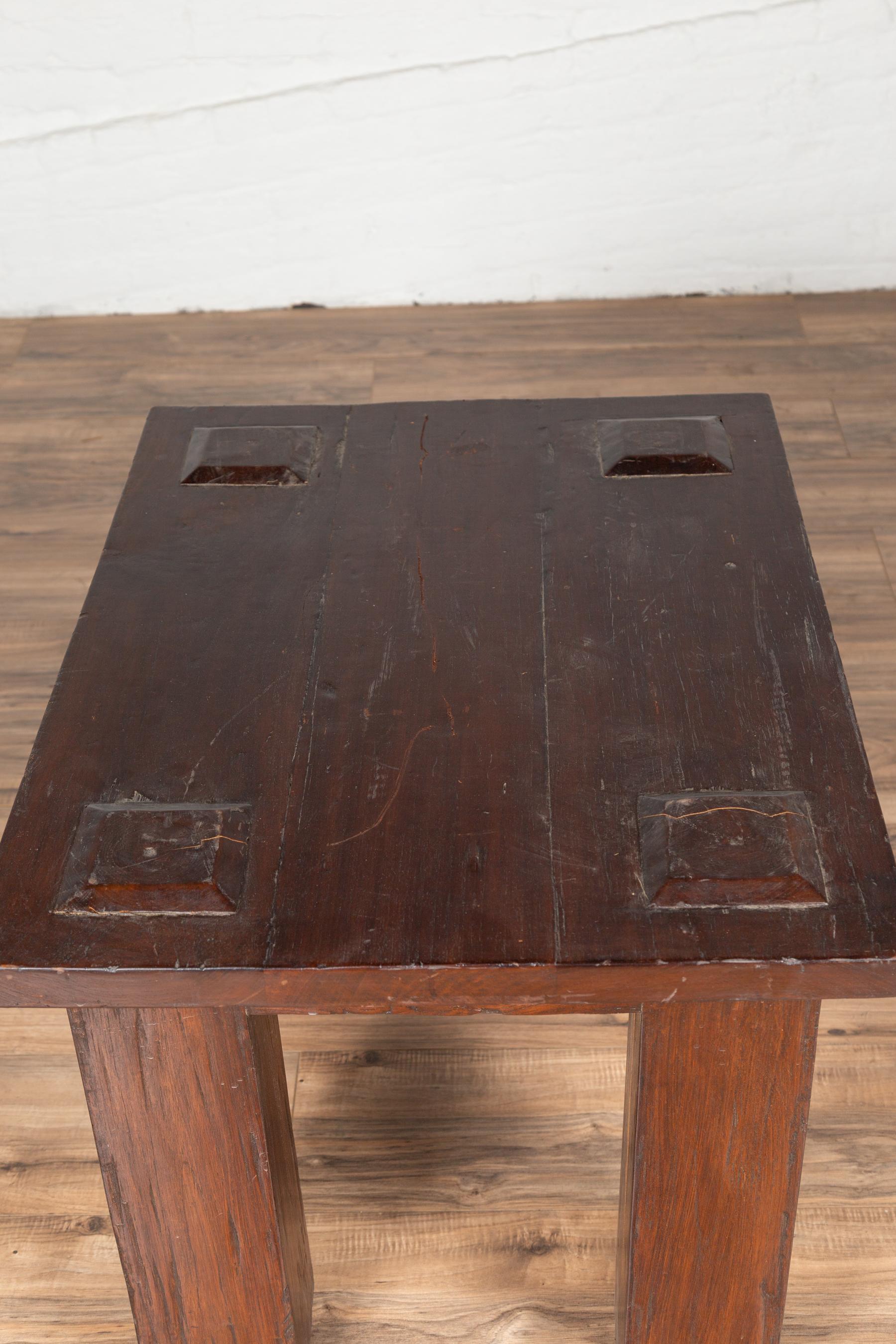 Vintage Javanese Midcentury Wooden Bench with Raised Motifs and Straight Legs For Sale 2