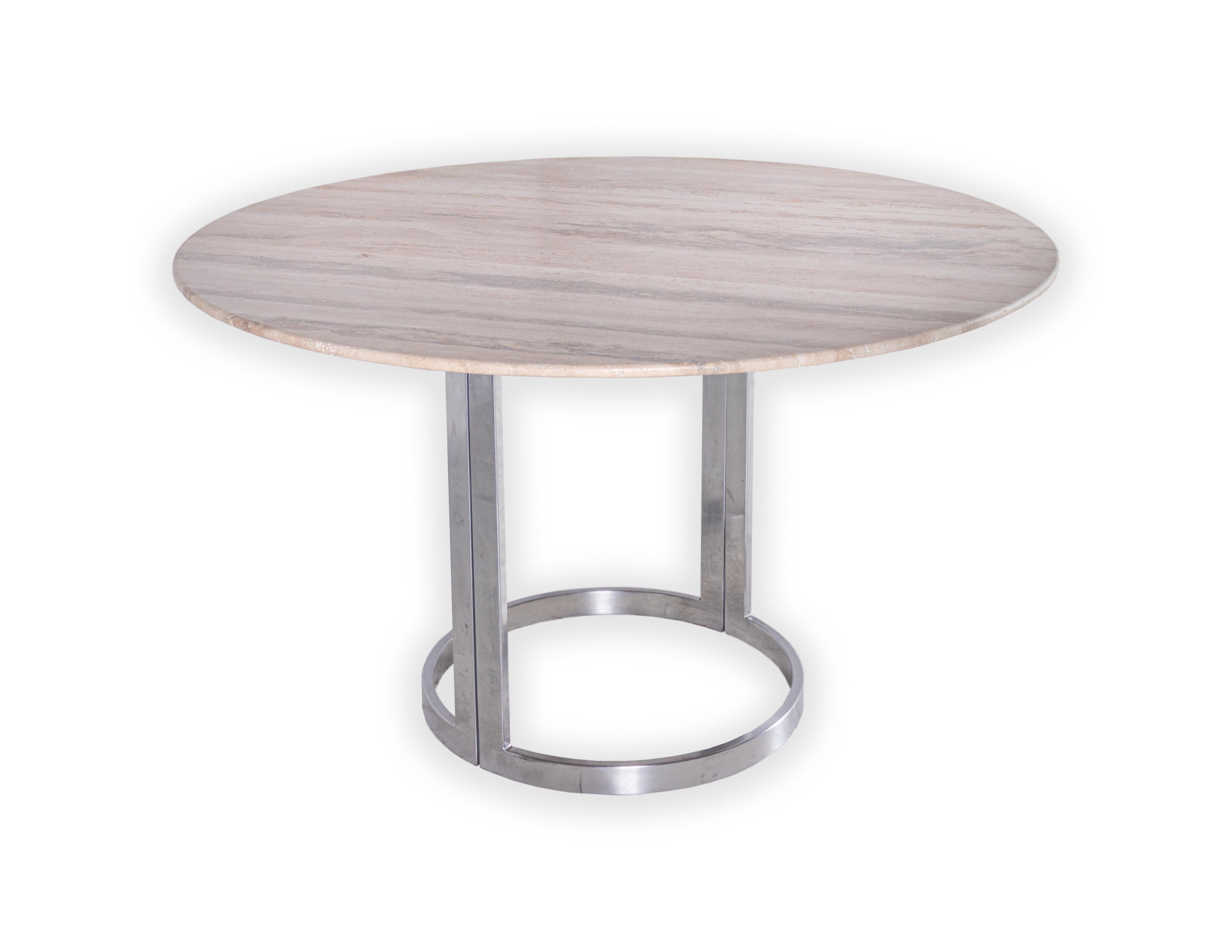 Jay Spectre chrome table base with custom Knoll edge travertine.
   
Designed by Brendan Bass for the Vision and Design Collection, by using high quality materials and textures. All materials are sourced from local vendors throughout the state of