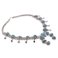 Vintage J.B.J. Navajo Turquoise Sterling Silver Squash Blossom Necklace