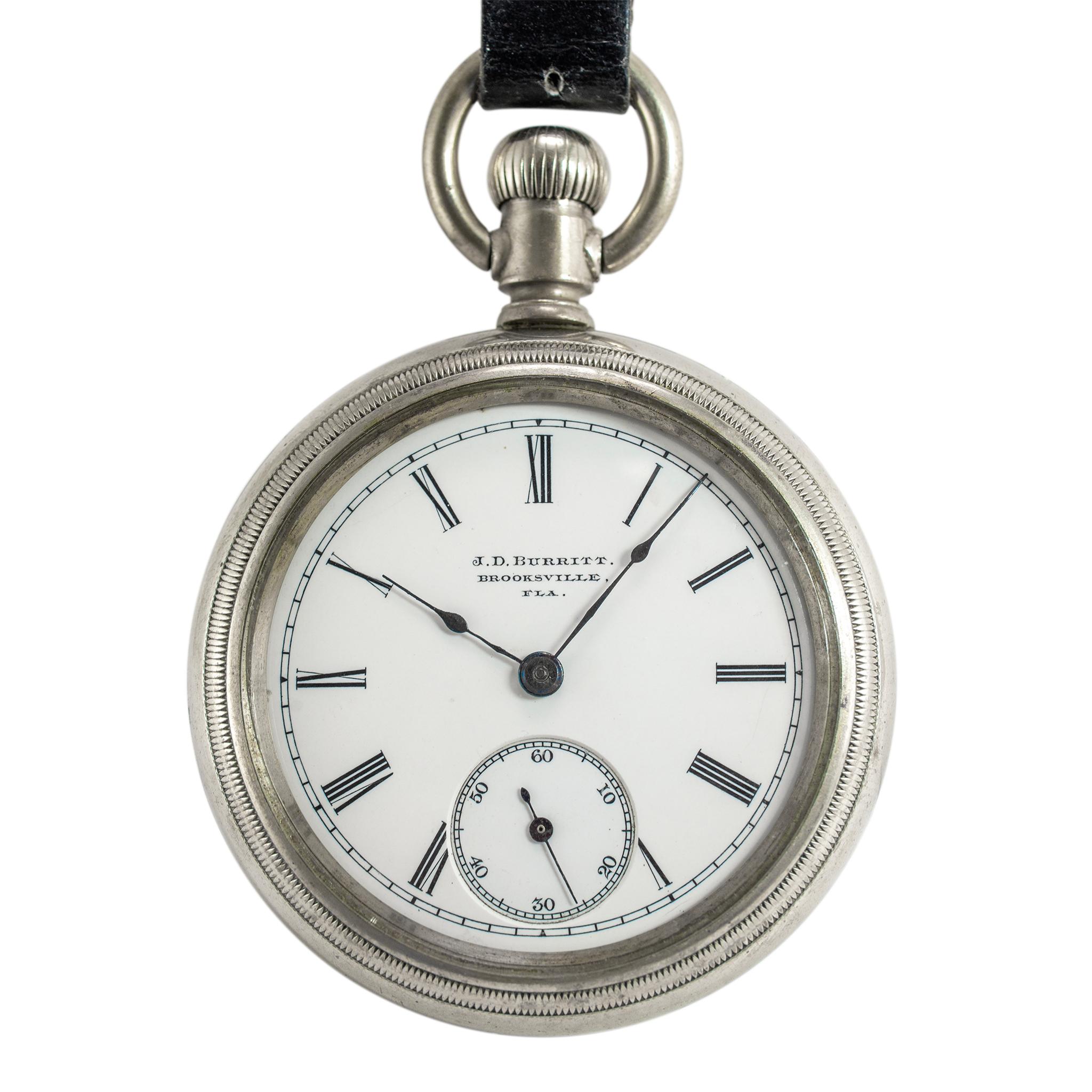 Brand: J.D. Burritt

Gender: Men

Metal Type: Silver

Diameter: 59.00 mm

Weight: 174.50 grams

Gent's silver Swiss-made pocket watch. The 