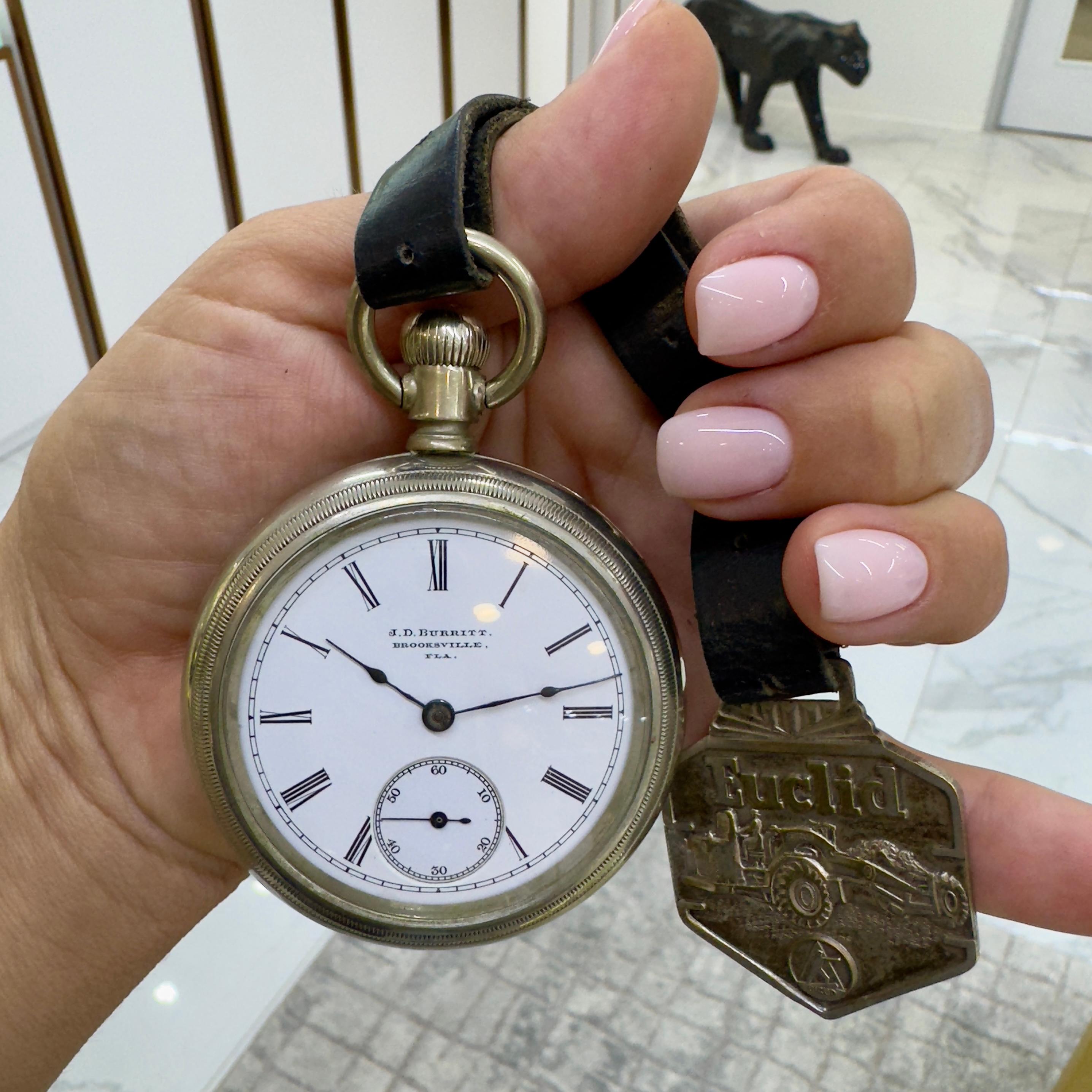 Vintage J.D. Burritt Brooksville Fla. 59MM Silver Manual Winding Pocket Watch For Sale 4